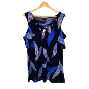 ❄️ NWT Evans Cold Shoulder Clara Blue Paisley Feather Top 14